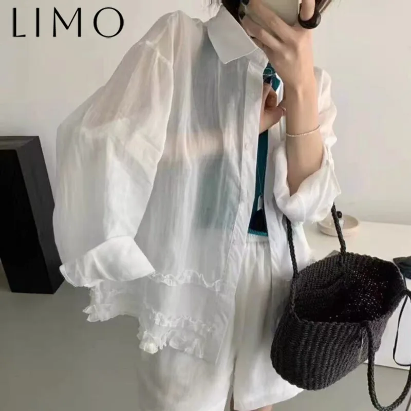 

LIMO Women’s Designer Casual Blouse Ruffle Pleated Lapel Collar Single Breasted Loose Fit Chic Elegant Spring Summer 2025 Top