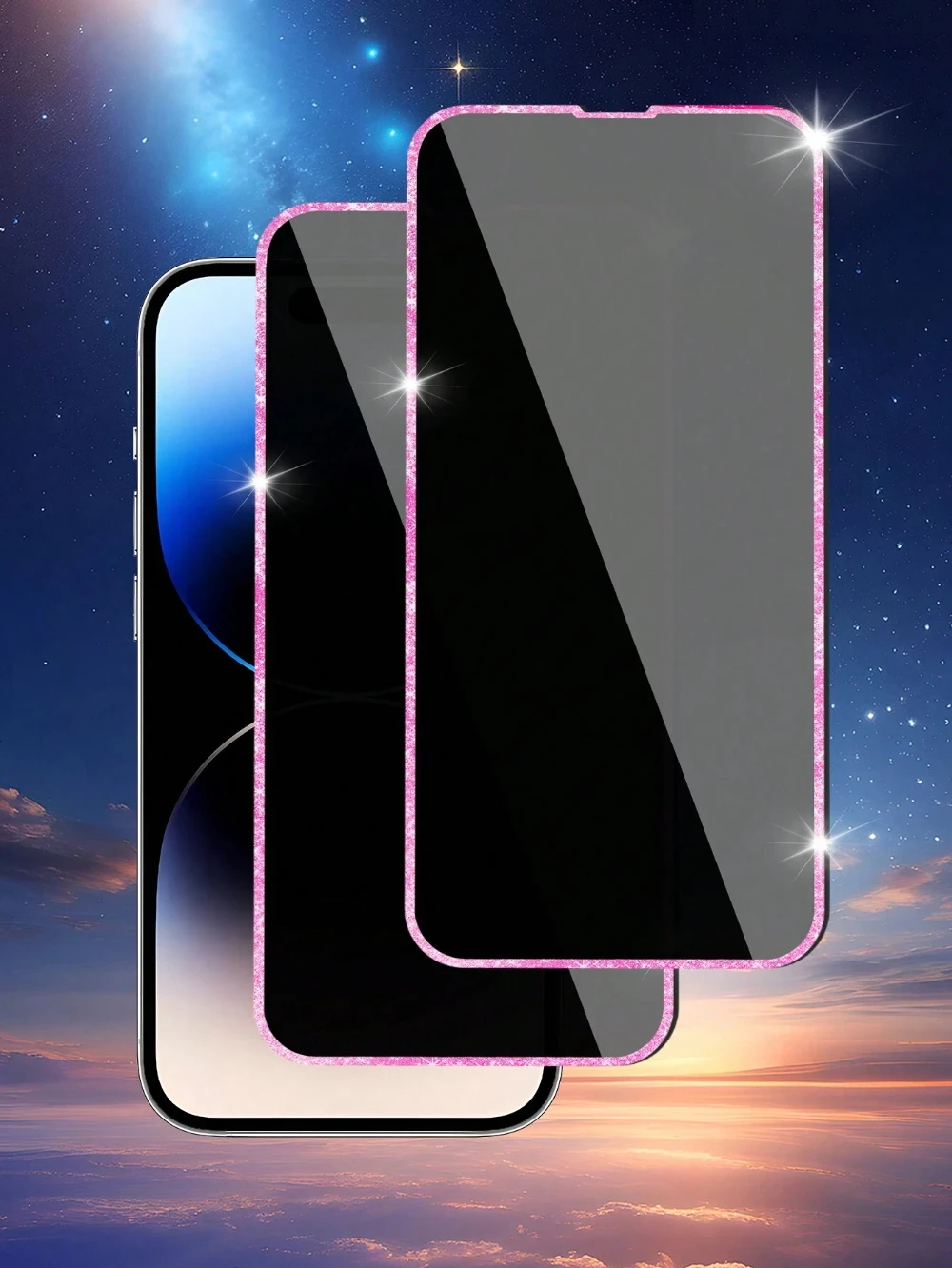 NNBILI 2 قطعة حافة الماس الزجاج المقسى المضادة للتجسس واقي للشاشة الوردي بريق الإطار آيفون 16 15 14 13 12 برو ماكس حامي #3