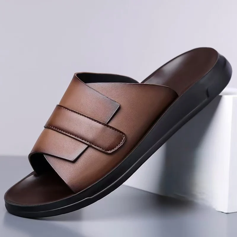 Men Real Leather One Word Outdoor Casual Slipper Sandals Summer New Soft Sole Non Slip Breathable High Quality Beach Slippers