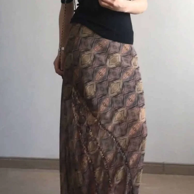 

Шифоновая тонкая юбка с высокой талией и принтом в стиле ретро для женщин, новая коричневая элегантная длинная юбка, облегающая бедра