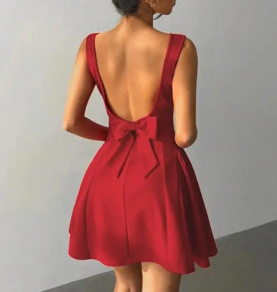 

Spring Summer New Collection Waist Cinched A-Line Red Valentine's Day Dress Square Neck Slim Fit Big Backless Sexy Short Skirt