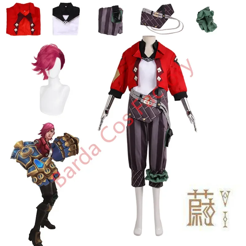 Conjunto de disfraz de Anime arcane League of Legends Jinx's sister VI para hombres y mujeres, chaqueta roja, pantalón, camisa, peluca rosa, conjunto completo para Halloween