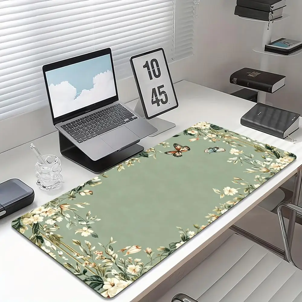 Extra Wide Mouse Pad Chinese Floral Butterfly Stitched Edges Non Slip Rubber Mat For Gaming Office Laptop Desktop Decor