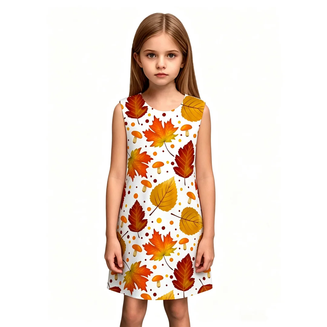 Fashion Small Girls Sleeveless Tank Dress Vivid Autumn Maple Leaf Mushroom Print Casual Outfit for Daily and Seasonal Wear