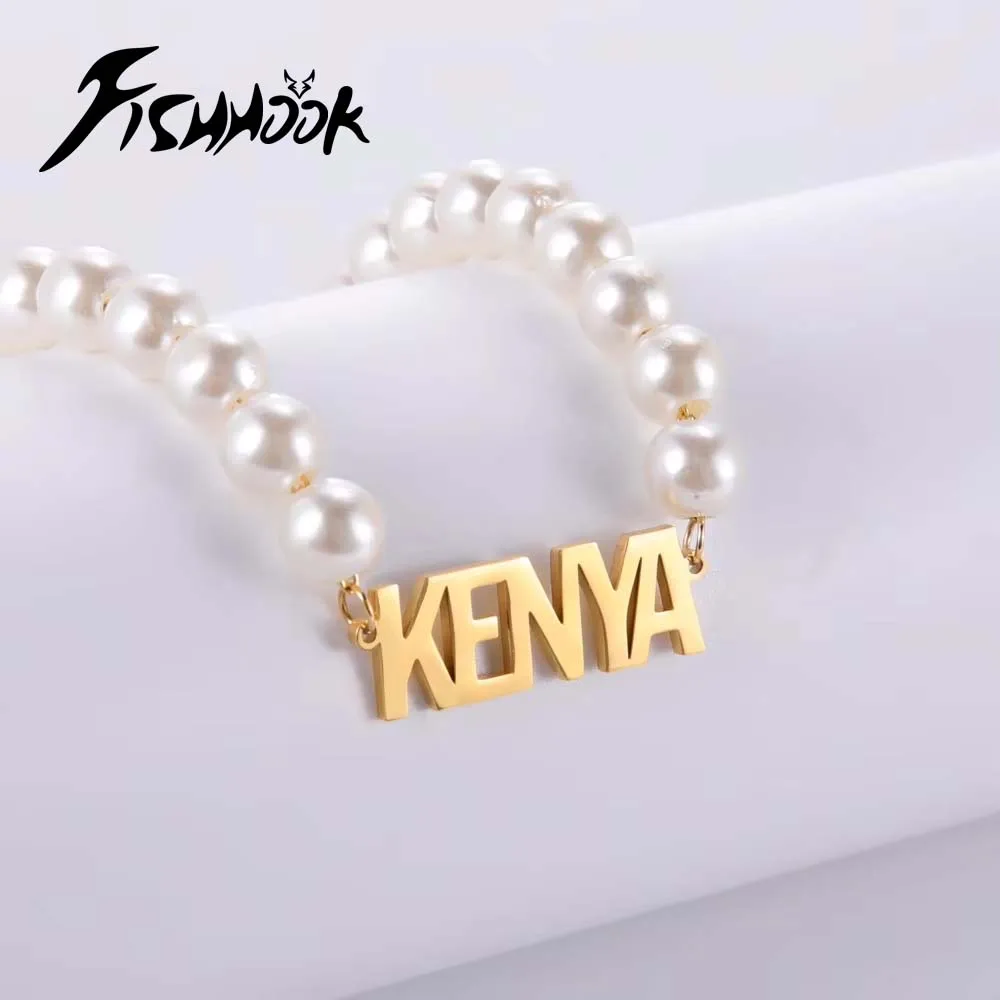 

Custom Pearl Necklace Name Tag Personalized Pendant Nameplate Gift For Women Man Child Kid Choker Stainless Steel Chain Jewelry