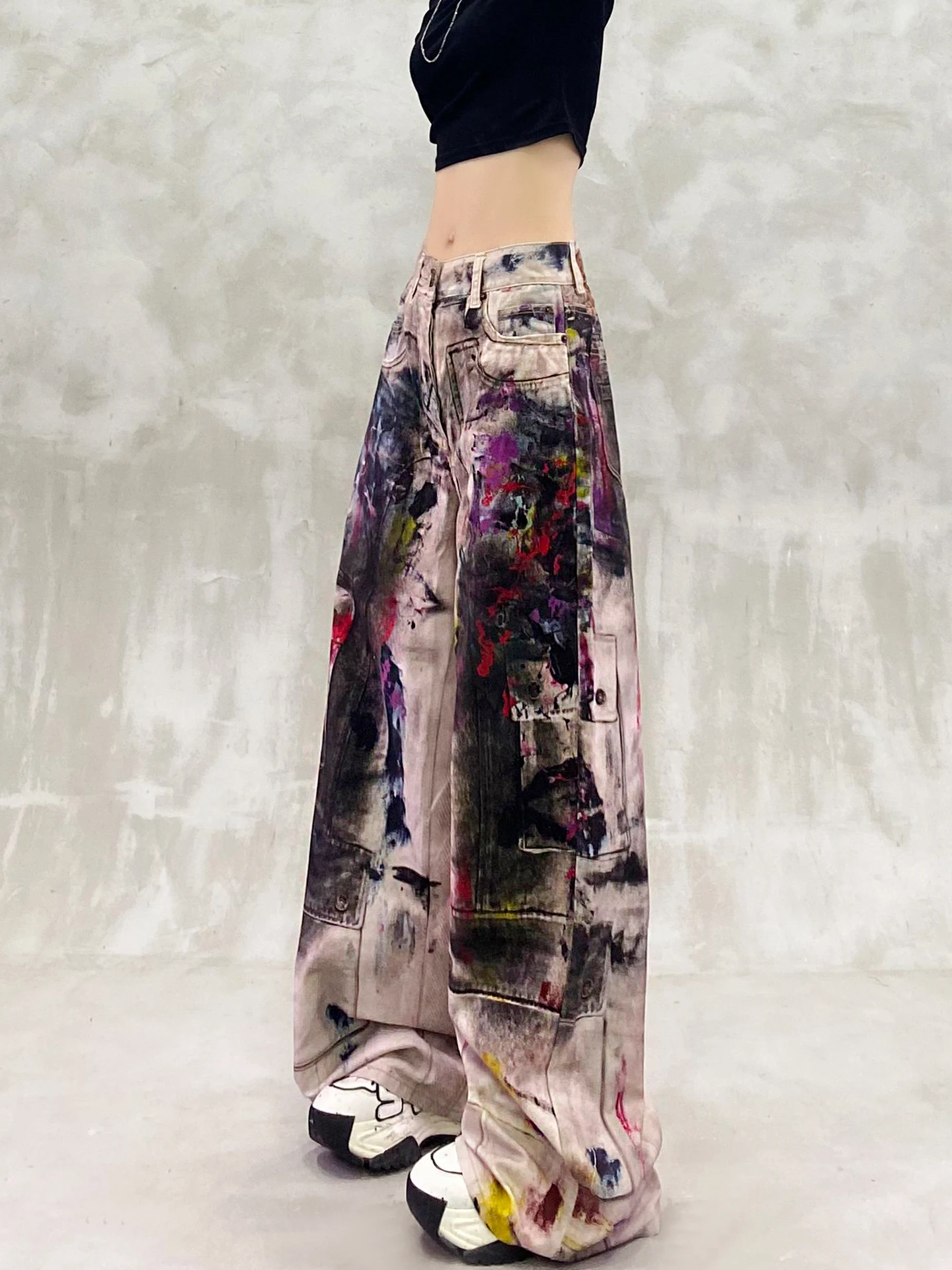 Cool Colorful Graffiti Jeans 2025 Summer New High Waist Loose Slimming Versatile Straight Wide Leg Floor-Length Pants