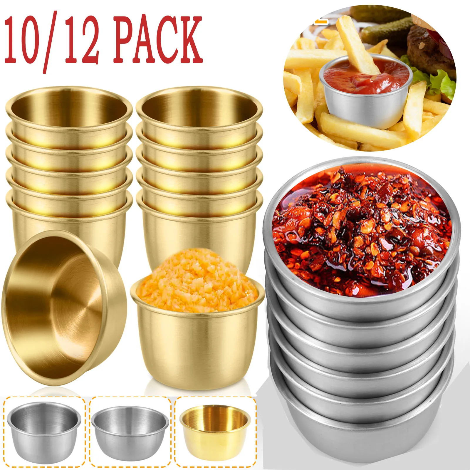 10/12Pcs Sauce Dipping Bow Stainless Steel Sauce Cup Stackable Tomato Mustard Sauce Bowl Mini Dipping Plate Reusable Tableware