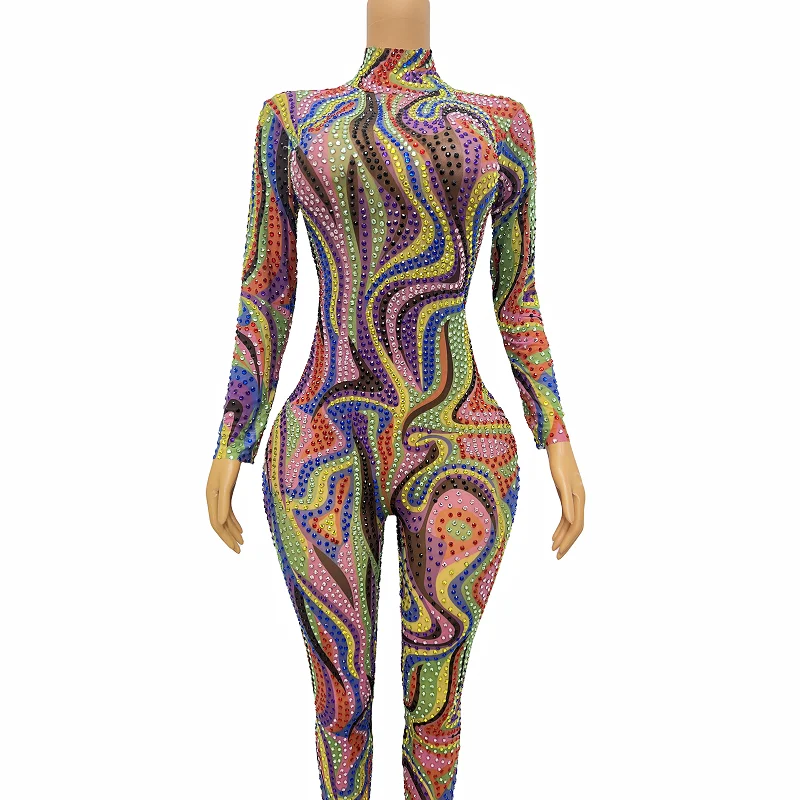 Sparkly Colorful Rhinestones Stretch Jumpsuit Evening Birthday Celebrate Bodysuit Outfit Crystals Dress Stage Sexy Costume liuli