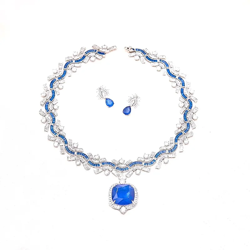 Designer Collection Style Necklace Earrings Cubic Zircon Synthetic Square Red Green Blue Gemstone Dinner Party Jewelry Sets