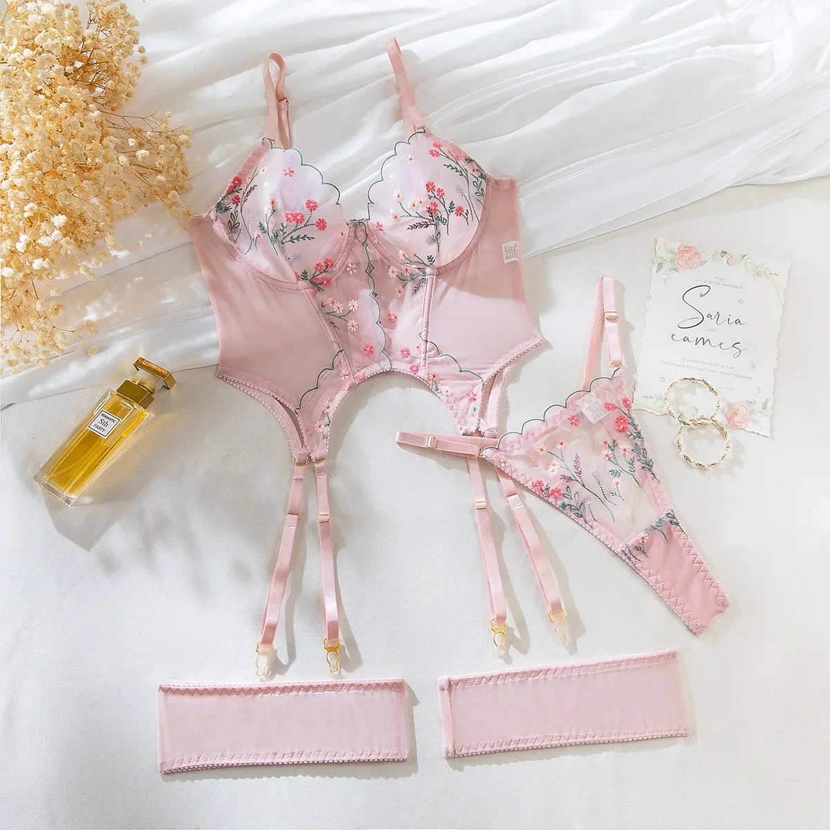 

Pink Sweet Floral Embroidered Lingerie Set Women Pure Desire Exotic Apparel Suit Female Sexy Mesh Perspective Fishbone Underwear