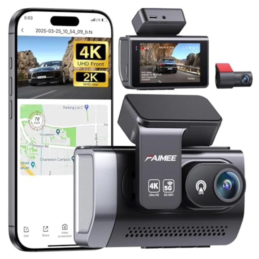 

4K Dash Cam Front and Rear with GPS for cars, 160 wide angle, night vision, WDR, 24H parking monitor, emergency lock, 3 IPS scr