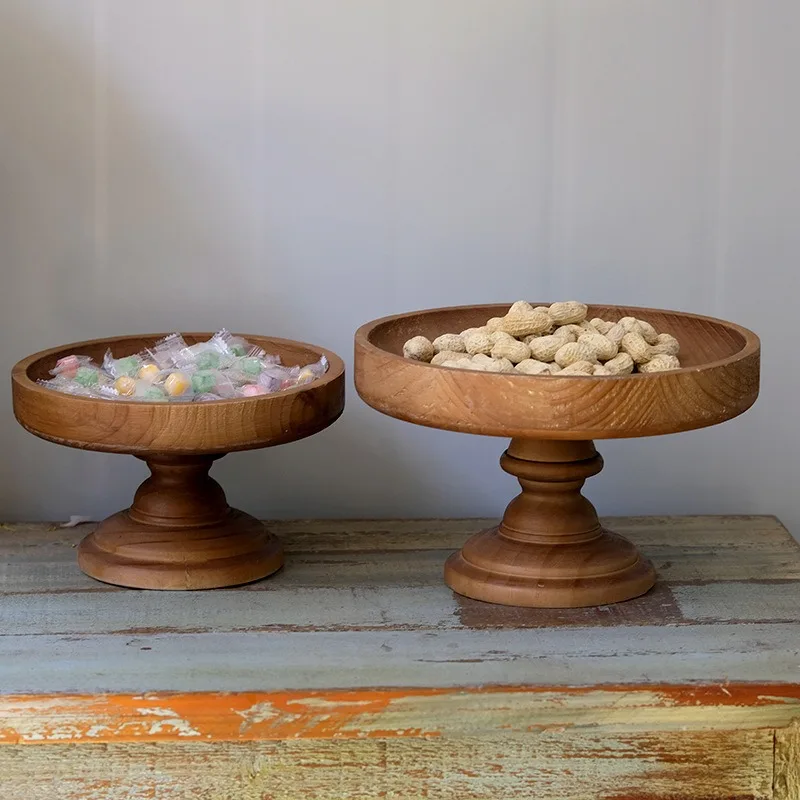 Natural Wood Bowls Retro European Cake Plinth Tall Elegant Fruit Serving Tray Living Dining Minimalist Tabletop Home Accessories