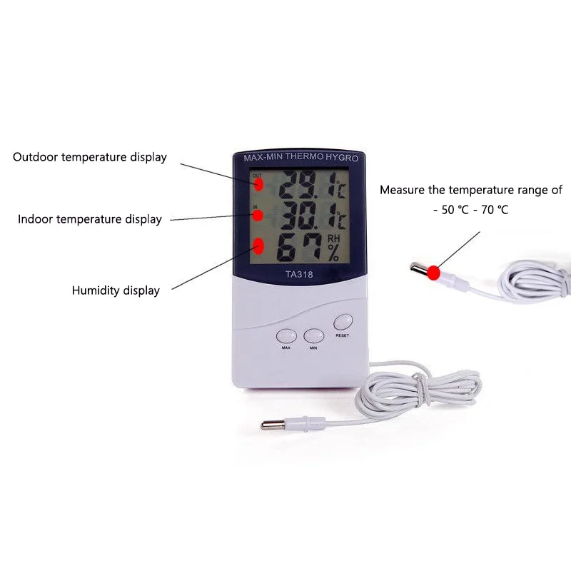 

TA318 LCD Display Electronic Temperature Measurement Indoor and Outdoor Thermometer Large Screen Flat Hygrometer