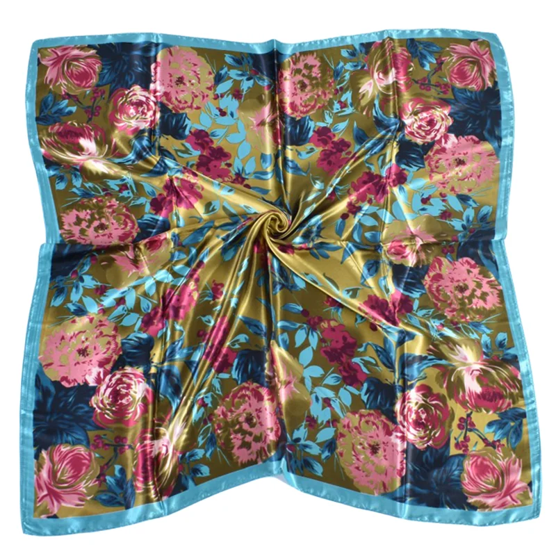 Versión coreana de bufandas cuadradas minimalistas y frescas de 90 colores Ding de imitación de seda con flores y plantas disponibles en stock para mujeres