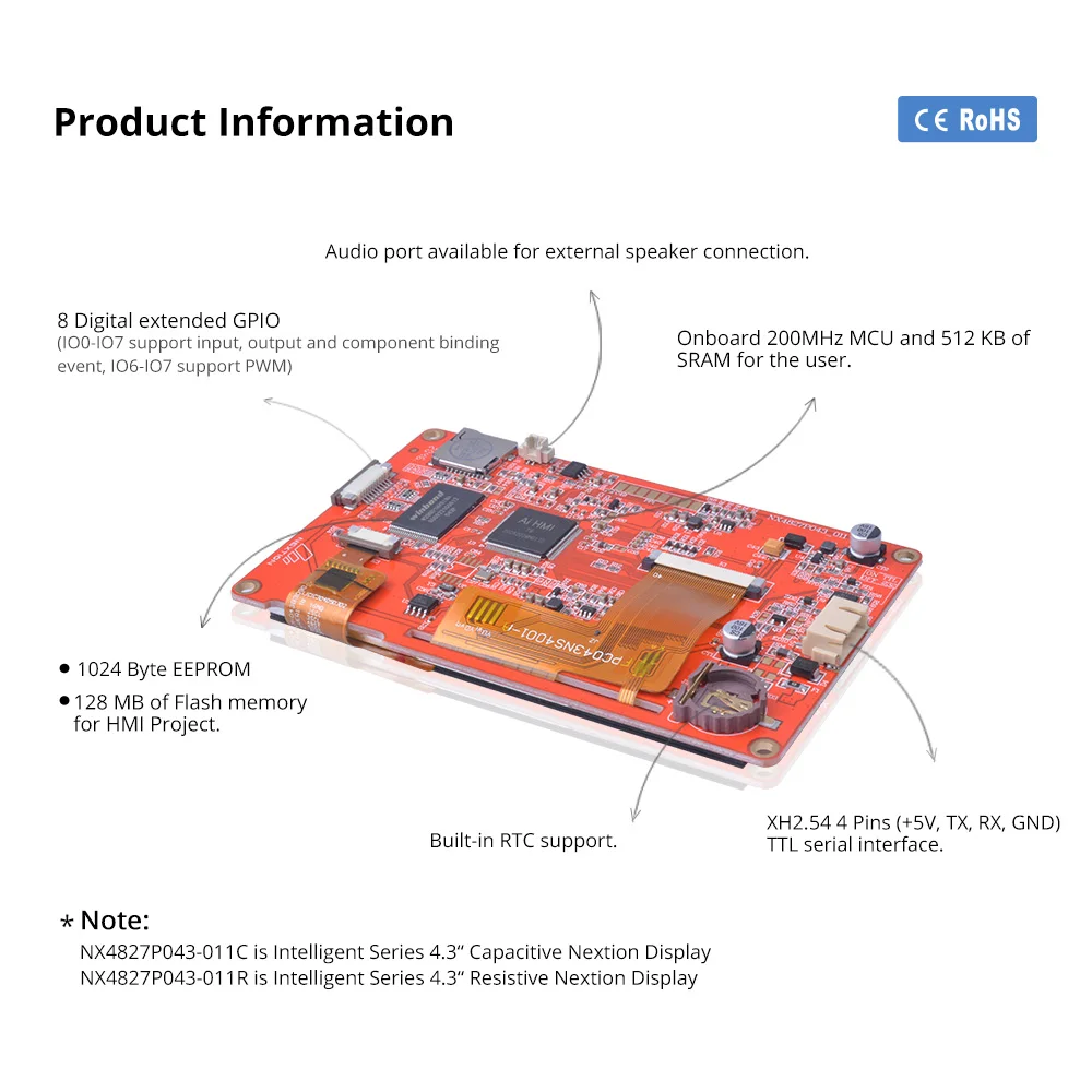 Imagem -02 - Módulo de Exibição Nextion-lcd-tft Hmi Série Inteligente Rgb 65k Capacitivo Colorido Painel de Toque Resistivo sem Gabinete 43