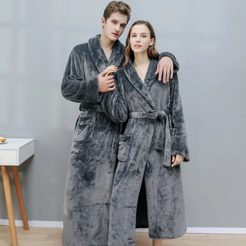 Women Pajamas Robe Winter Flannel Sleeping Robes Nightgowns Men Towel Tied Front Lapel Bathrobe Thicken Warm Adult Home Clothes