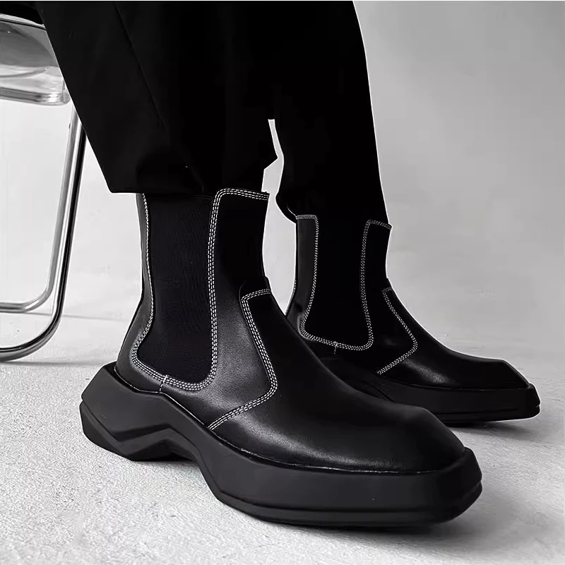 

Мужские модные ботинки челси для ночных клубов, черно-белые, из натуральной кожи, дизайнерские, с квадратным носком, на платформе, ботинки-чимейни, ботинки-ботасы