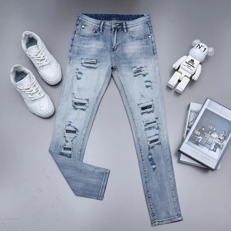 2024New Men's Summer Thin Light Blue Ripped Jeans Men's Slim-Fitting Small Straight Stretch Casual Long Pants