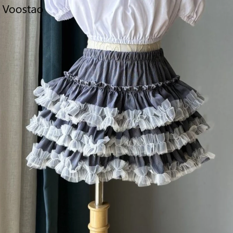 Słodkie spódnice Kawaii Lolita tort japońskie kobiety gotyckie Y2k falbany puszyste spodenki halki dziewczęce na co dzień moda spódnica Culotte