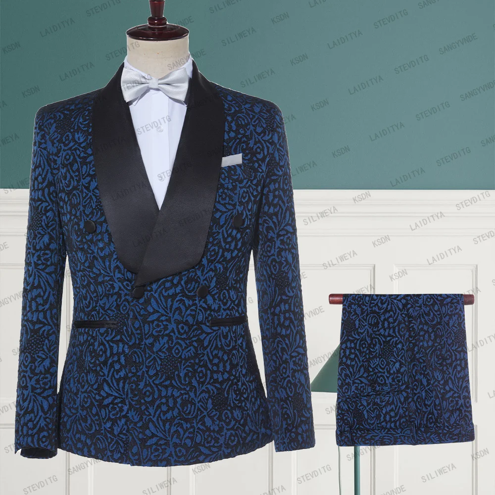 

2023 New Men Suits 2 Pieces Navy Blue Jacquard Black Lapel Double Breasted Tuxedo Slim Fit For Wedding Dress Suits Blazer Pants
