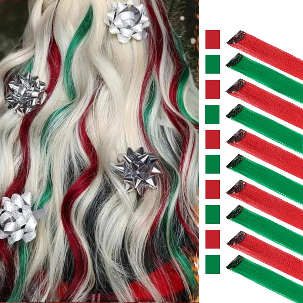 

10 PCS Set Christmas Straight Colorful Colored Clip In/On Hair Extensions Party Highlight Multi Colors Hair pieces For Woman