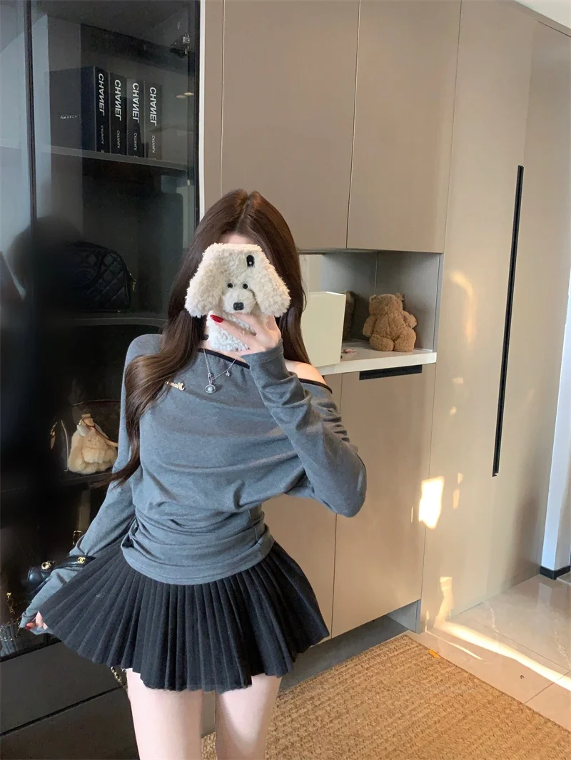 مثير غير المتكافئة الكتف طويل Sve الوردي تي شيرت المرأة الشتاء الخصر مقصوص سليم تصميم حار قاعدة طبقة أعلى irt