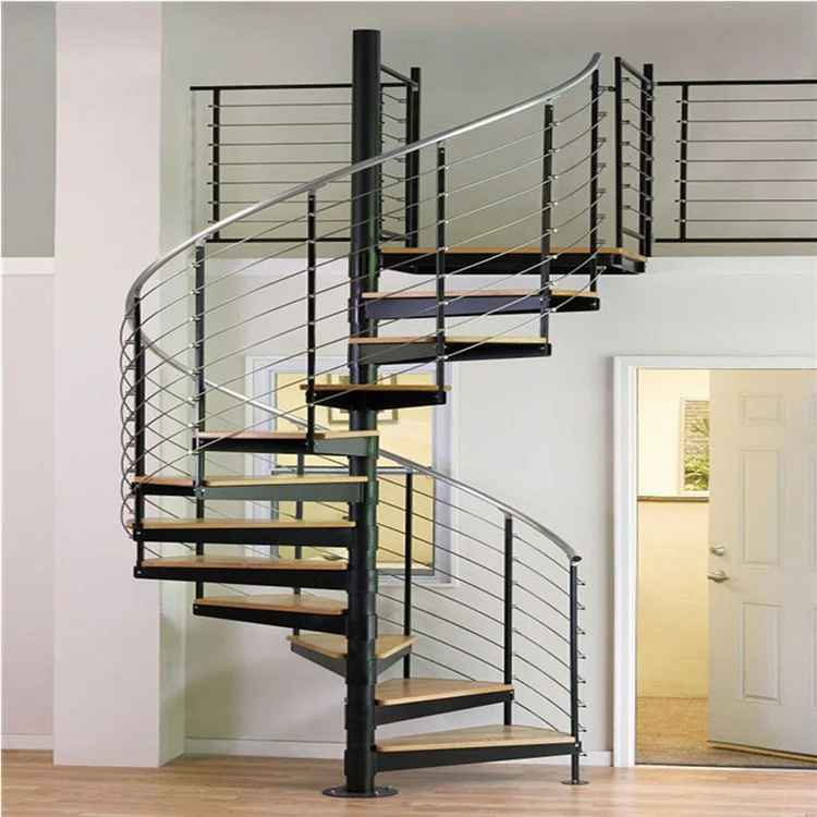 Modern Indoor Use Central Round Stringer Wood Stairs Treads with Glass Railing Attic Spiral Staircase
