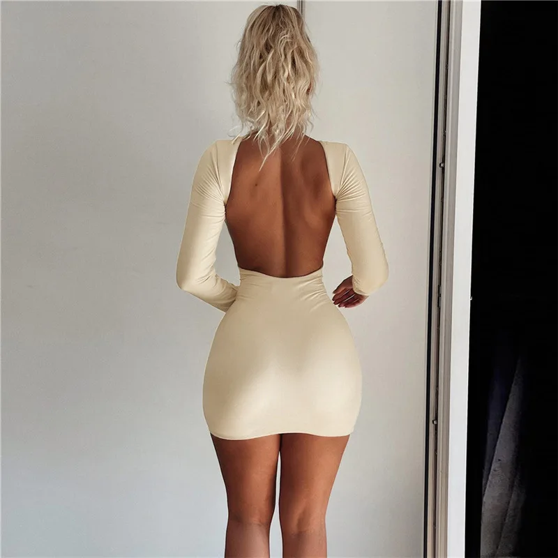 Cryptographic Autumn Fashion Sexy Open Back Solid Slinky Mini Dress Club Party Outfits Long Sleeve Round Neck Bodycon Dresses