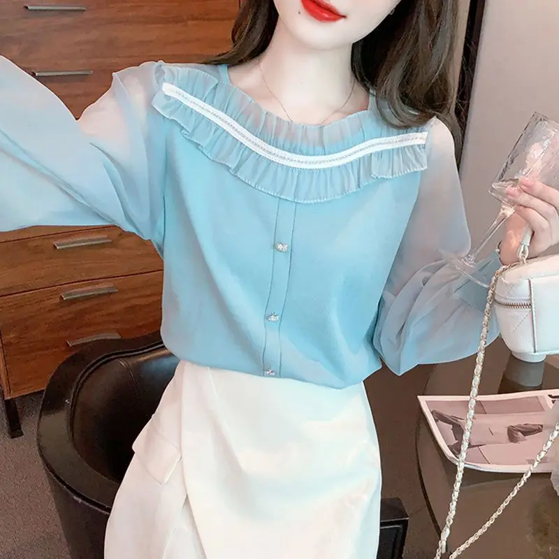 Women Clothing Stylish Ruffle Sweet Chic Blouses Elegant Square Collar Solid Slim Chiffon Shirts Casual Long Sleeve Fairy Tops