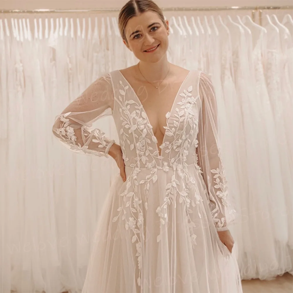 Vestidos de Novia elegantes de línea A para mujer, Vestidos de Novia de encaje con apliques, cuello en V, manga larga, sin espalda, personalizados, Novias Boda