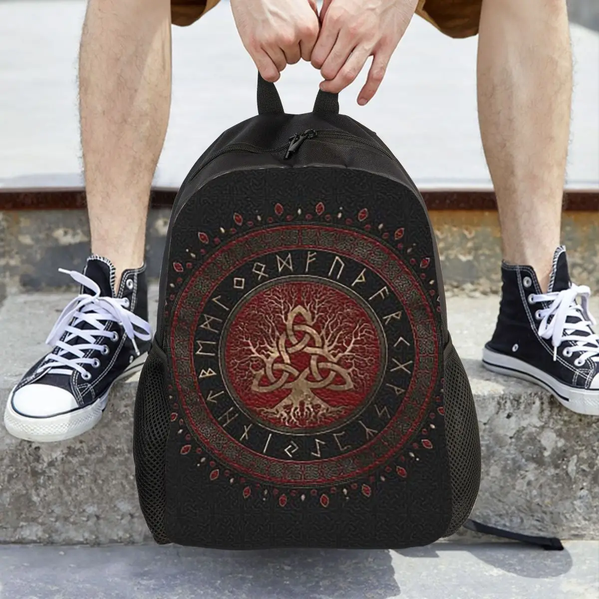 Albero della vita con Triquetra Zaino per studenti in pelle nera rossa e oro Borsa da scuola Zaino da viaggio per escursionismo Borse a tracolla