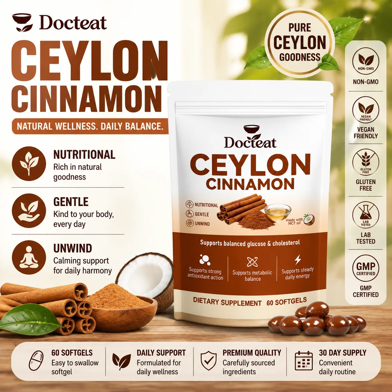 Ceylon Cinnamon Supplement with Cinnamon Extract Green Tea Extract MCT Oil Plant Based Daily Wellness Support 60 Softgels