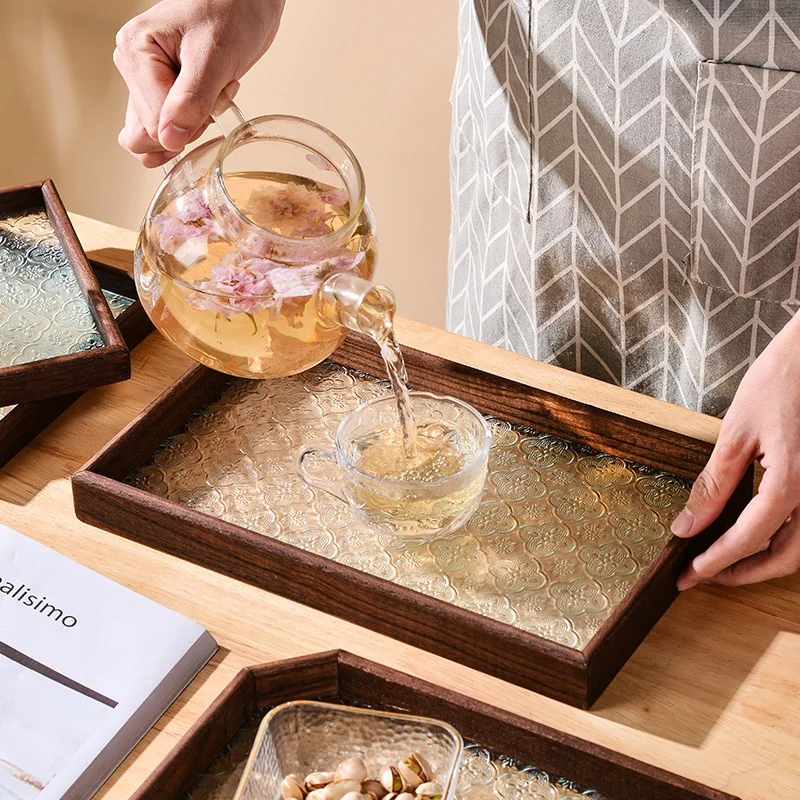 Long Rectangle Tea Set Storage Tray Vintage Floral Pred Glass Serving Plate Fruit Tray Dert Holder Home Dining Table