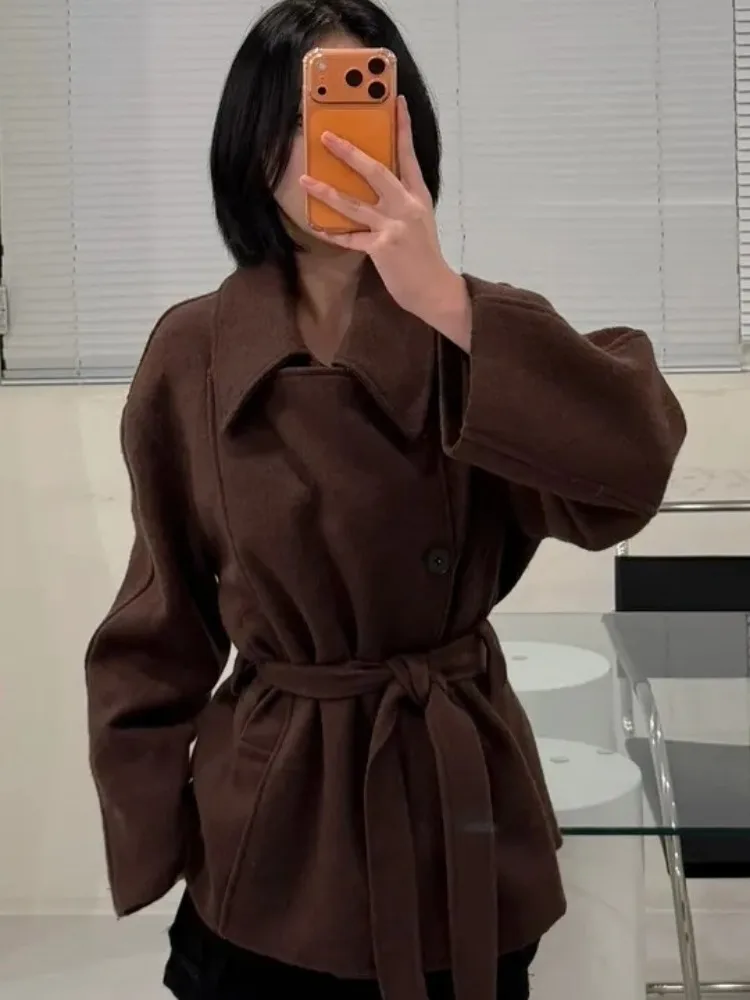 Briti Sle مزدوجة الصدر لون نقي معطف صوفي المرأة شتاء جديد صغير الحجم مربوط تريكو علوي Faionable الشارع Sle #2