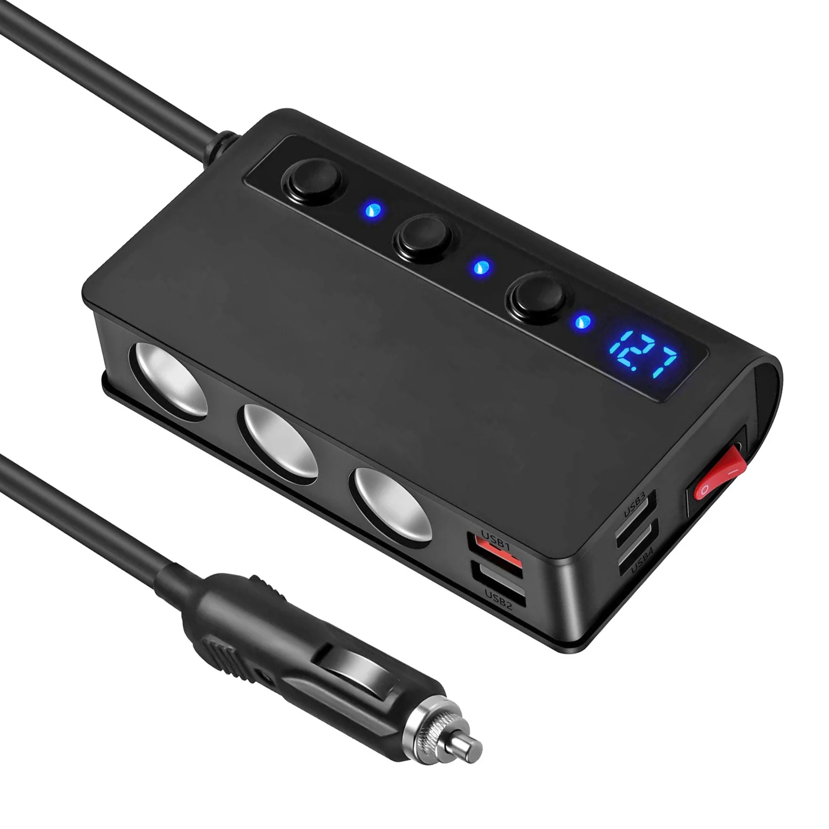 Car Quick Charge 3.0 Lighter Splitter 12V/24V 3- Socket 180W ON-OFF DC Power Car Splitter with 4-Port USB Car Charger