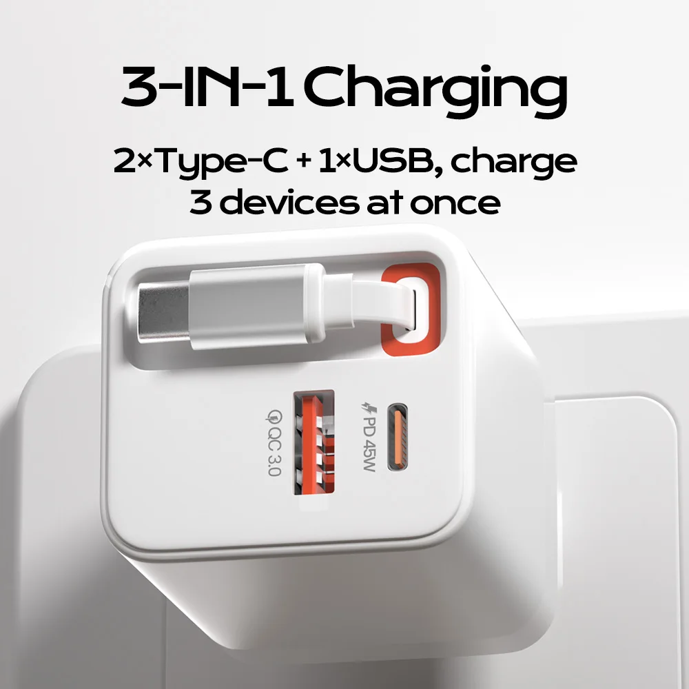 Elough 65W UK Plug USB Type C Phone Charger With Telescopic Super Fast Charge USB C Cable For iPhone 16 Samsung Laptop cargador