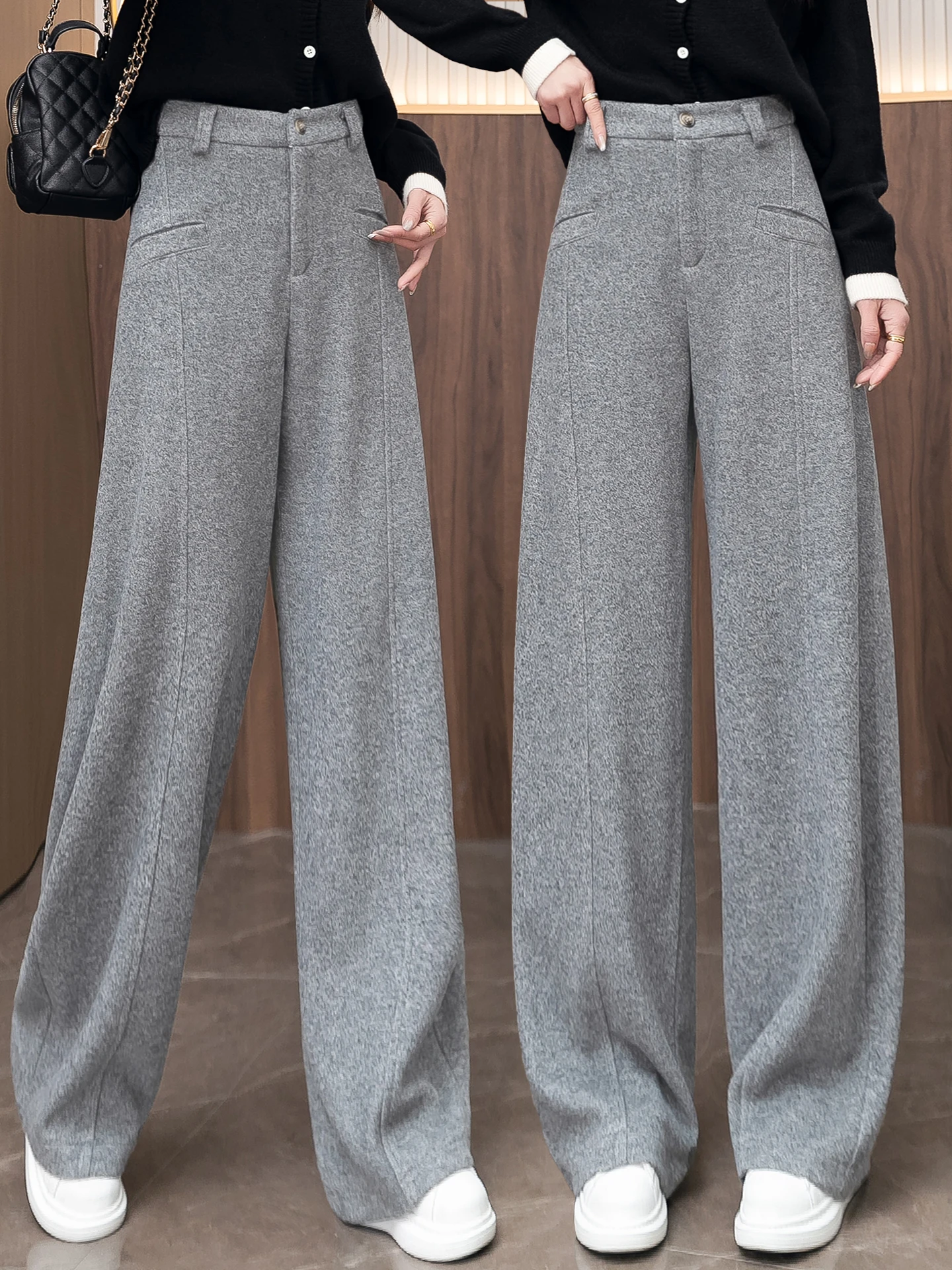 

Acetate Woolen Wide Leg Pants Women's Autumn Winter New Style Soft High Waist Drape Casual Fleece Lined Loose Fit Trousers