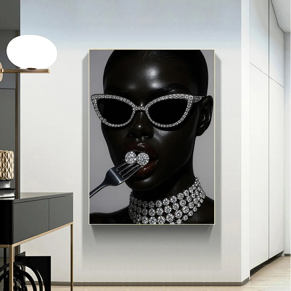 1pc Unframed Black Woman Diamonds Afrocentric Fashion Canvas Boho Luxury African Girl Trend Urban Wall Art Print Painting