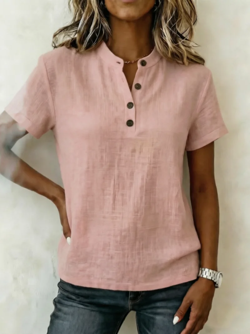 

Women Casual Short Sleeve Linen Blend Henley Shirt Button Down V Neck Blouse Summer Tops