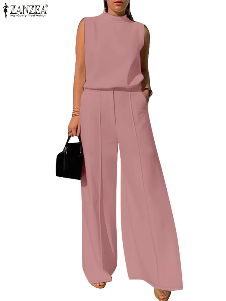 

ZANZEA Street Fashion Drapey Wide Leg Pants 2PCS Outfits Stand Collar Sleeveless Tops Office Elegant Women's 2 Piece Pant Sets