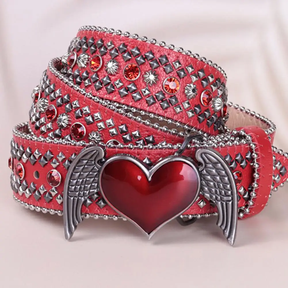 Rhinestone Belt Eye-catching Statement Belt Angel Wing Heart Buckle Belt Vintage Pu Leather Studded Waist Adjustable for Jeans