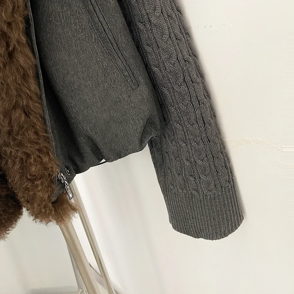 OFTBUY 90 White Duck Down Jacket Knit Sleeve Zipper Pockets Drawstring Short Coat Women Winter Real Curly Lamb Wool Fur Collar