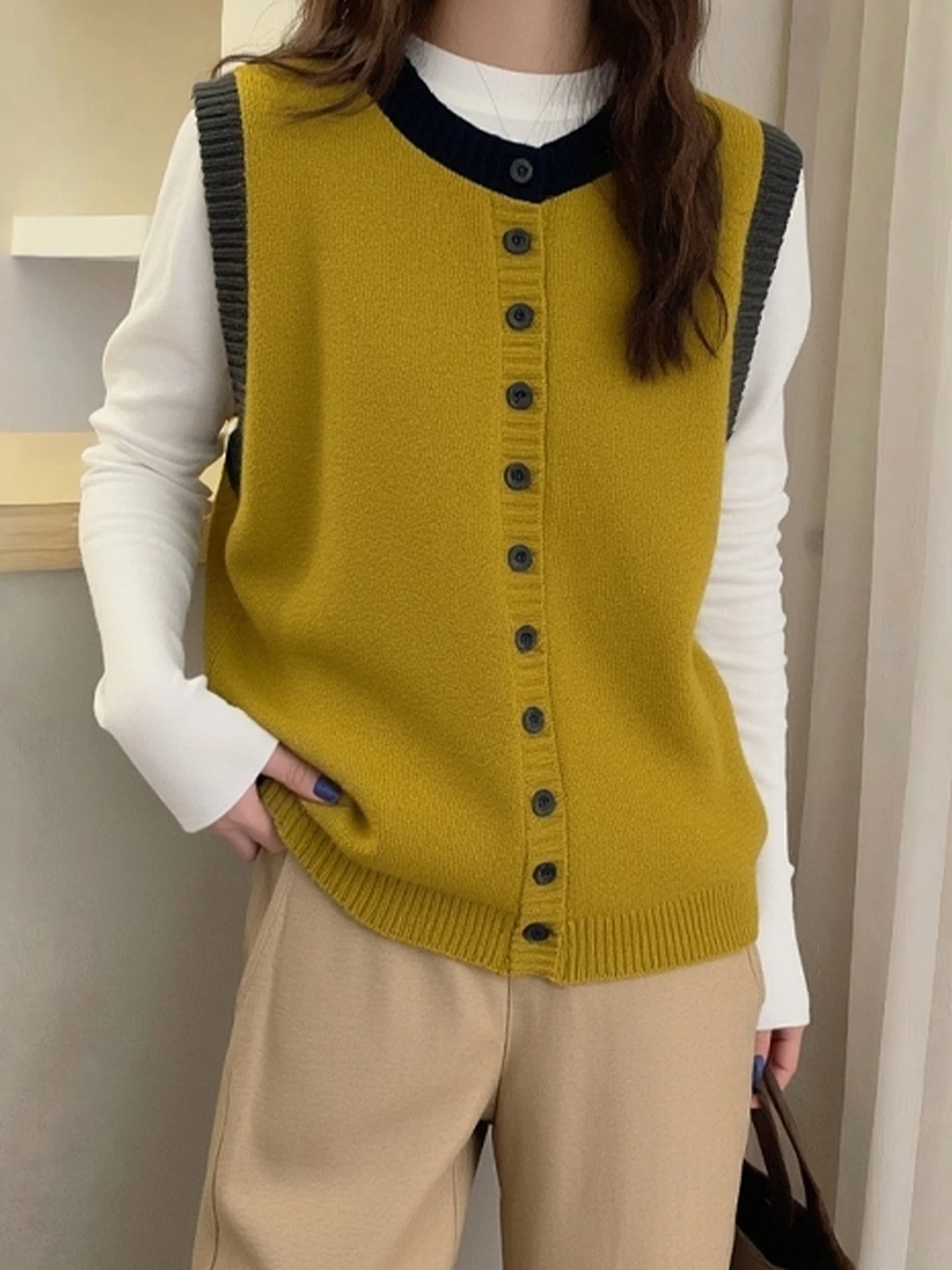 Luźna, okrągła kamizelka z dzianiny, prosty krój, top Camere Bal, styl dojazdowy, modny, jesienny odzież damski.