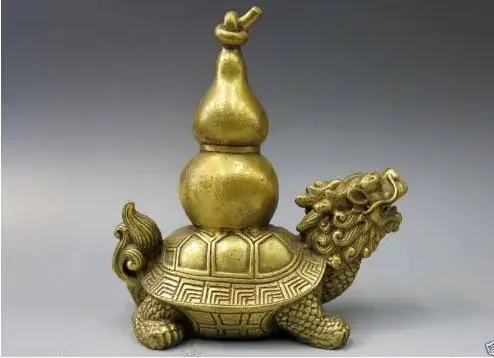 Chinese Brass Copper Animal Fengshui Bottle Gourd Calabash Dragon Turtle Statue