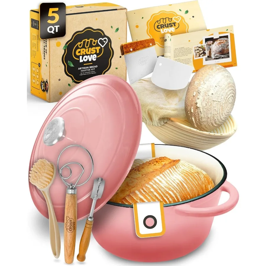 

Чугунная голландская печь с эмалированным покрытием 5QT для выпечки хлеба кустарного типа с встроенной корзиной для расстойки на ударе, крышкой для выпечки Banneton и