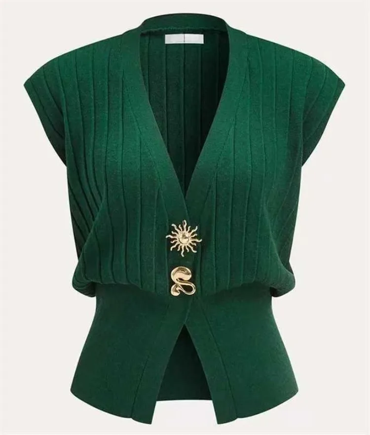 Women's Dark Green Knit Vest V-Neck Sleeveless Cinched Waist Tops Buttoned Split Hem Crop Top For Office Casual Daily Wear