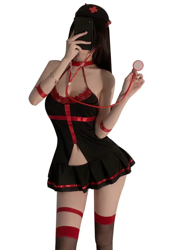 Hollow Neck Sexy Appeso Sheer Trasparente Del Merletto Infermiera Cosplay Uniforme Vestito Elegante Hot Sexy Donne Coreane 2024 Nuovo Top DRP9