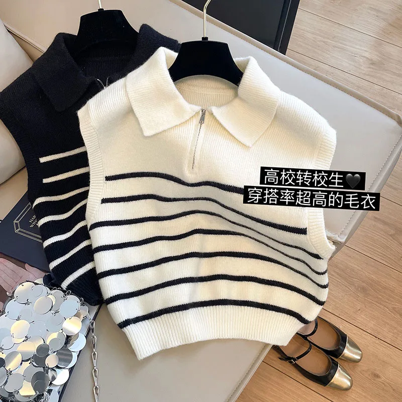 Women's Clothing retro lapel zipper Jackets Coats striped knitted vest sweater women autumn winter casual shoulder top new Vests