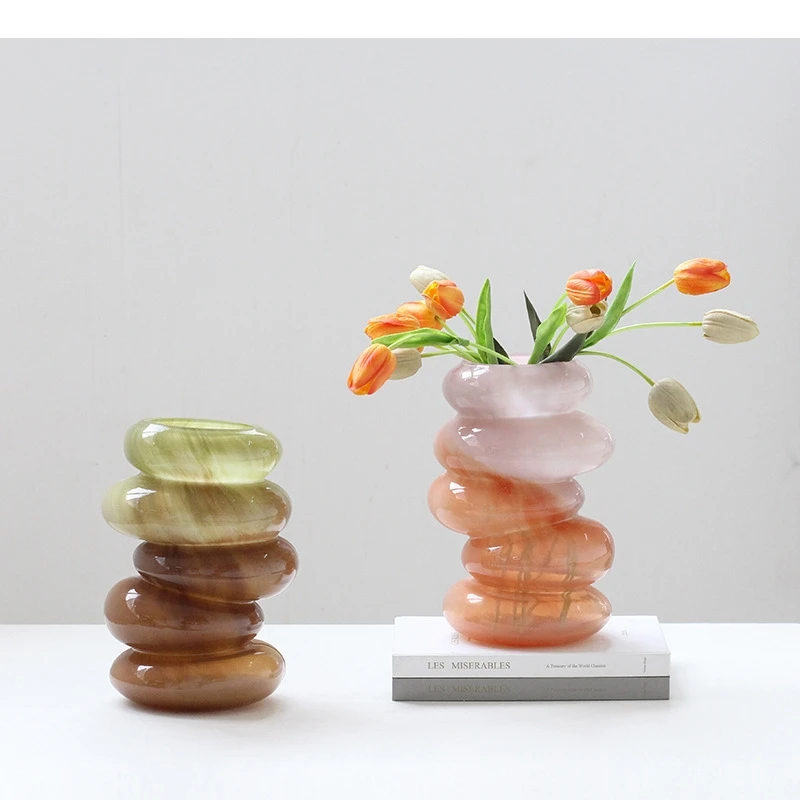 Glass Vase Geometric Pebble Stack Color Gradient Flower Vase Caterpillar Floral Arrangement Home Decoration Accessories
