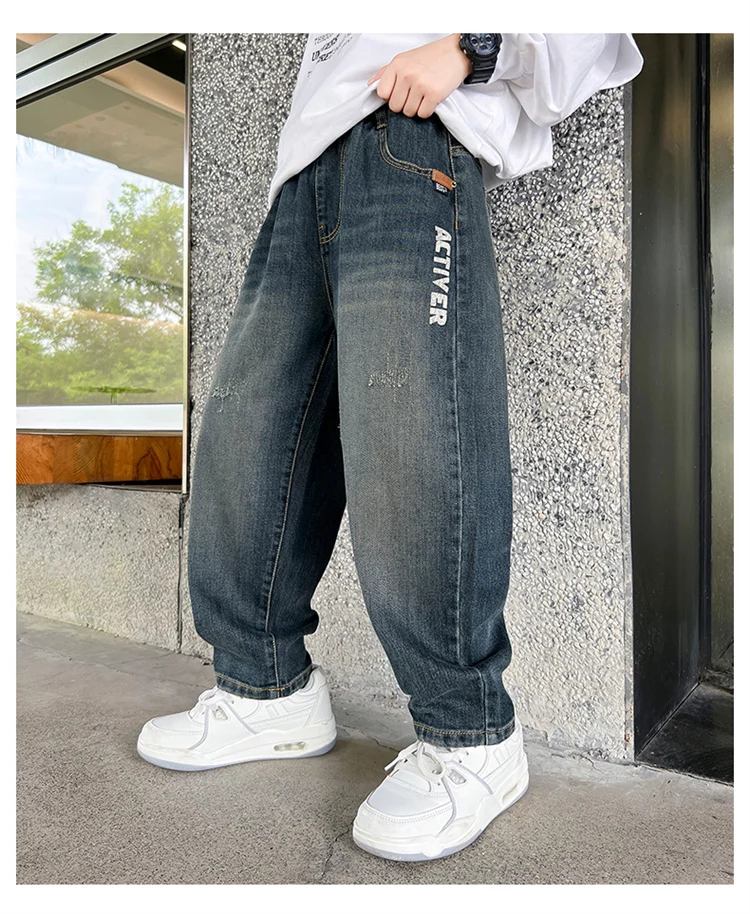 Heißer Verkauf Kinder-Jeans mit Taschen für Jungen Neue Frühlings-Jeans mit elastischem Bund Hochwertige Teenager-Jeanshosen – Detail 7